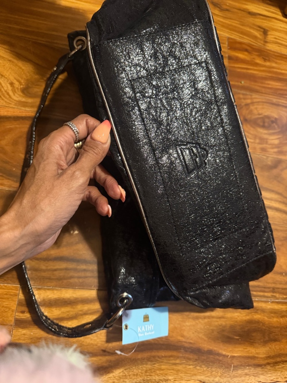 Kathy Van Zeeland Black Pleated Shoulder Bag with Silver Crest - Picture 7 of 7